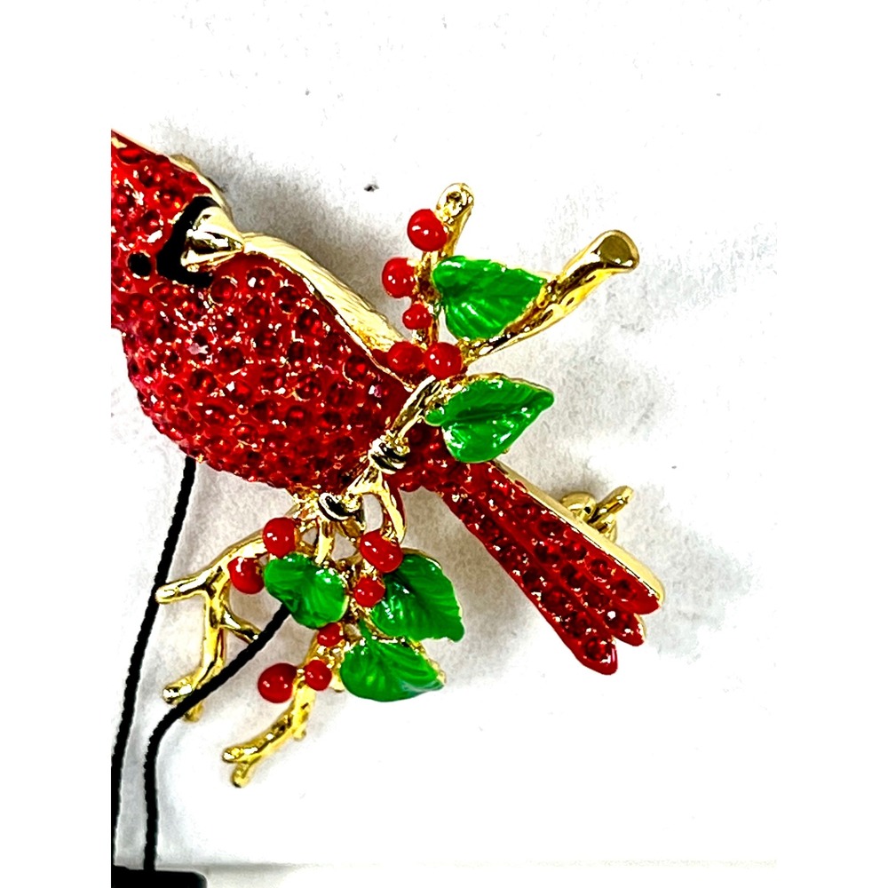 Christmas Joy Red Cardinal Swarovski Crystal Brooch Pin Gold Tone Holly Berries